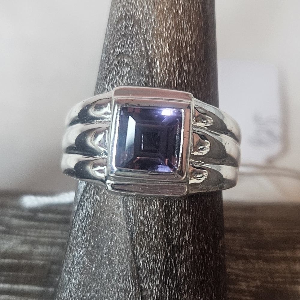 Solid 925 Sterling Silver Square Amethyst Tiered Band Ring Sz 7